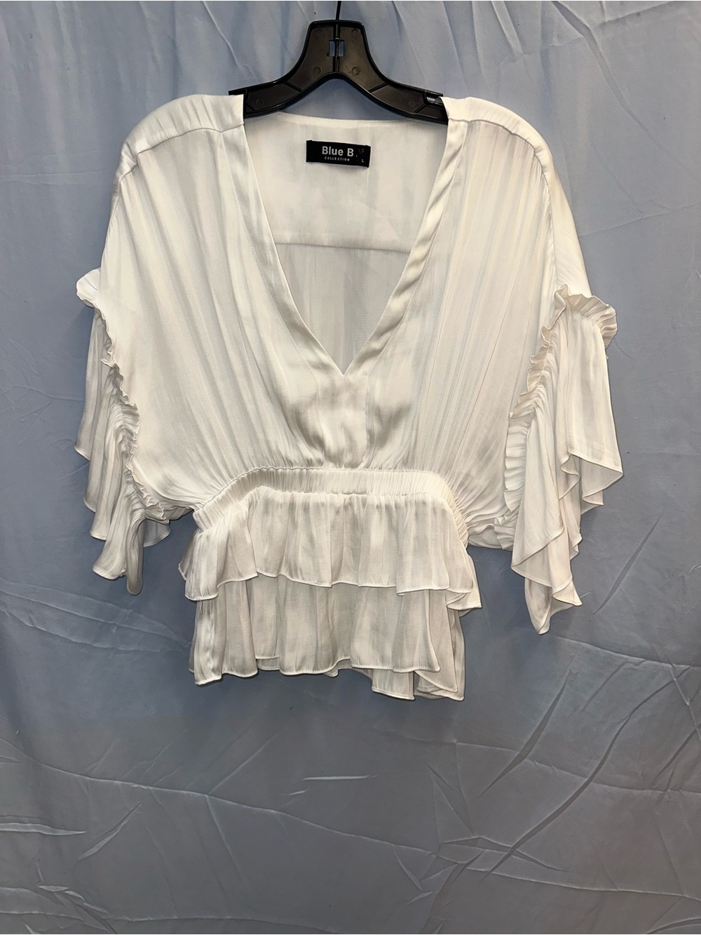 Blue B White Ruffled V-Neck Peplum Blouse